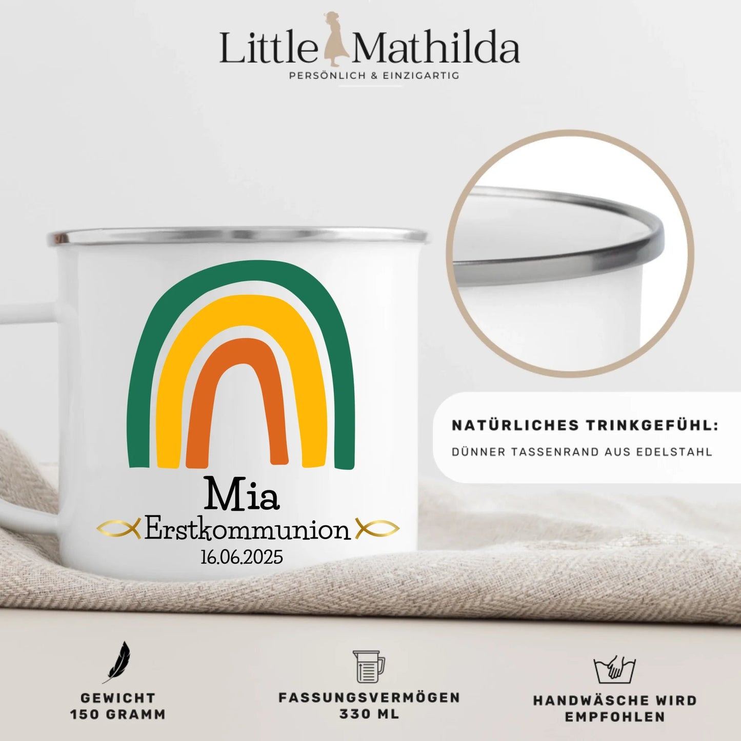Grüne Regenbogen Emaille Tasse zur Erstkommunion Little Mathilda Little Mathilda Emaille Tasse