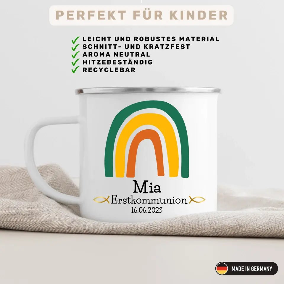Grüne Regenbogen Emaille Tasse zur Erstkommunion Little Mathilda Little Mathilda Emaille Tasse