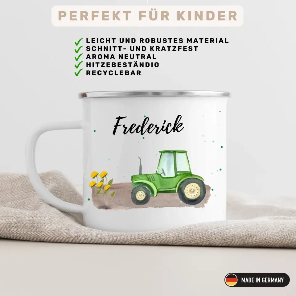 Kindertasse grüner Traktor Little Mathilda Little Mathilda Emaille Tasse