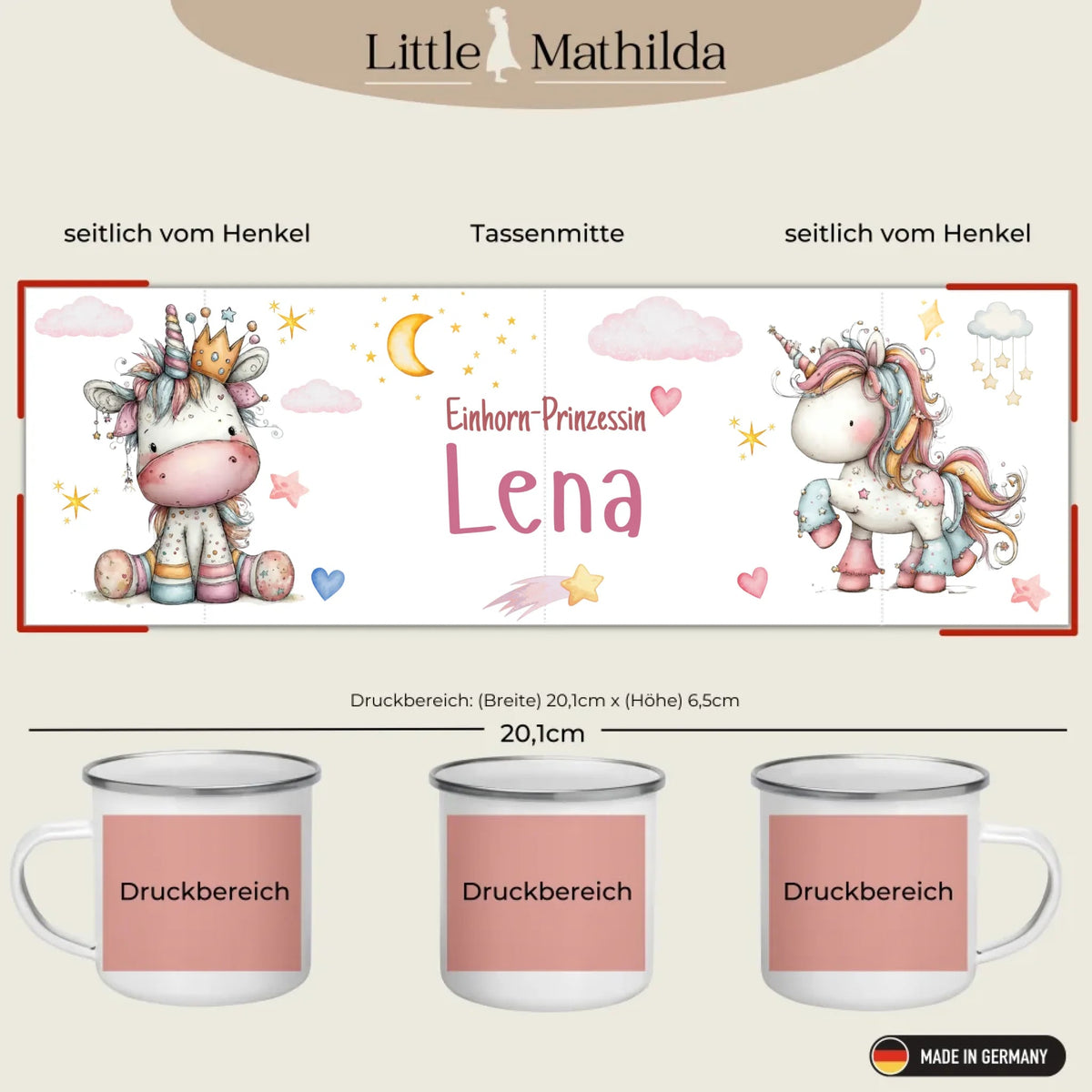 Personalisierte Einhorn Prinzessin Tasse für Kinder – Emaille Kindertasse mit Name Little Mathilda Little Mathilda Emaille Tasse