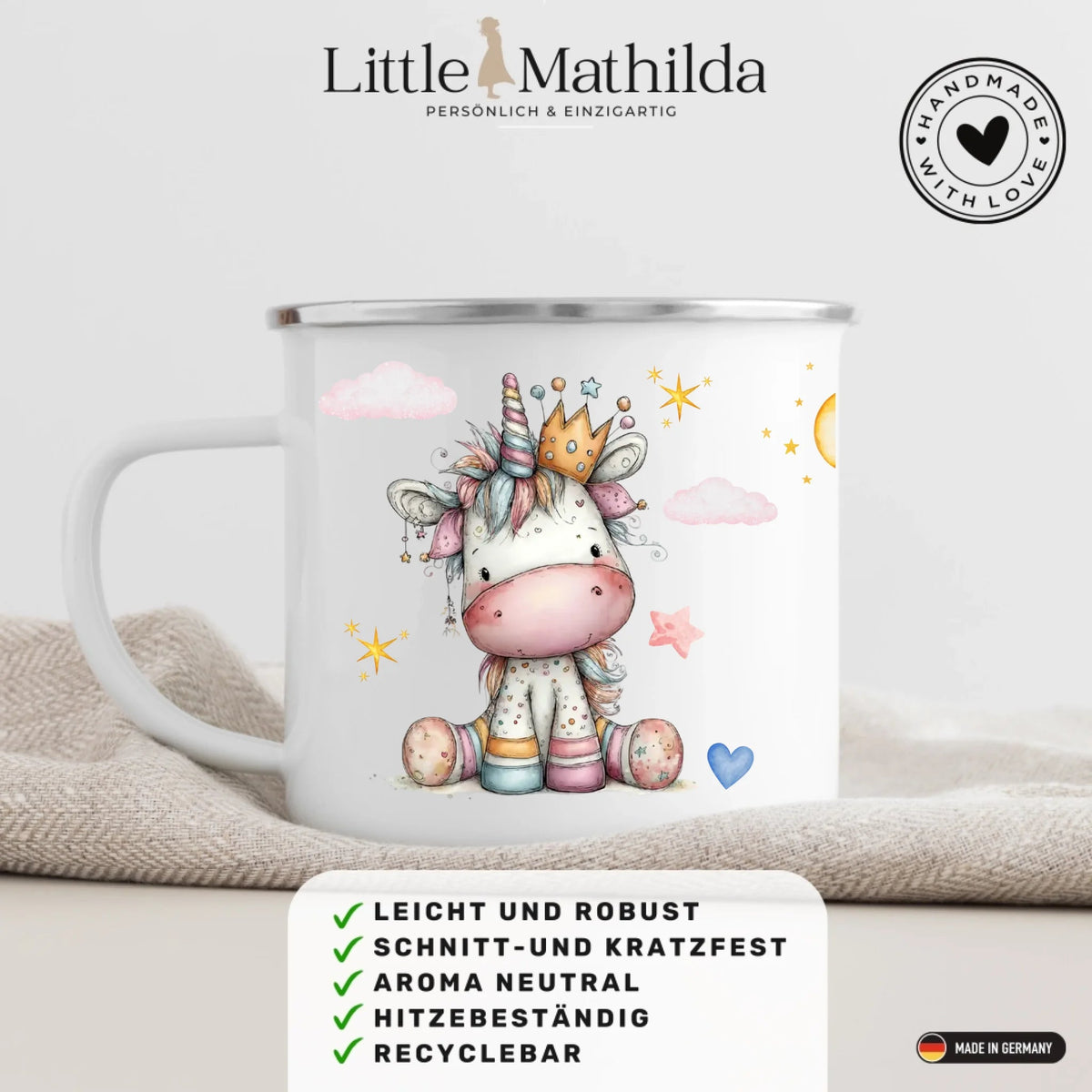 Personalisierte Einhorn Prinzessin Tasse für Kinder – Emaille Kindertasse mit Name Little Mathilda Little Mathilda Emaille Tasse