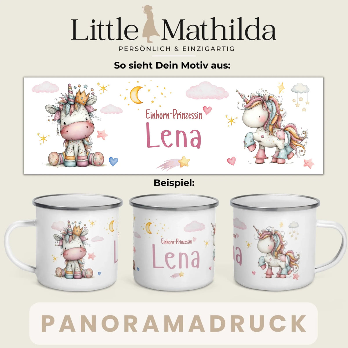 Personalisierte Einhorn Prinzessin Tasse für Kinder – Emaille Kindertasse mit Name Little Mathilda Little Mathilda Emaille Tasse