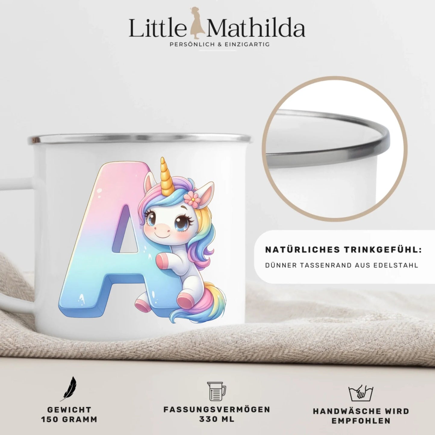 Personalisierte Einhorn Tasse mit Anfangsbuchstaben Little Mathilda Little Mathilda Emaille Tasse