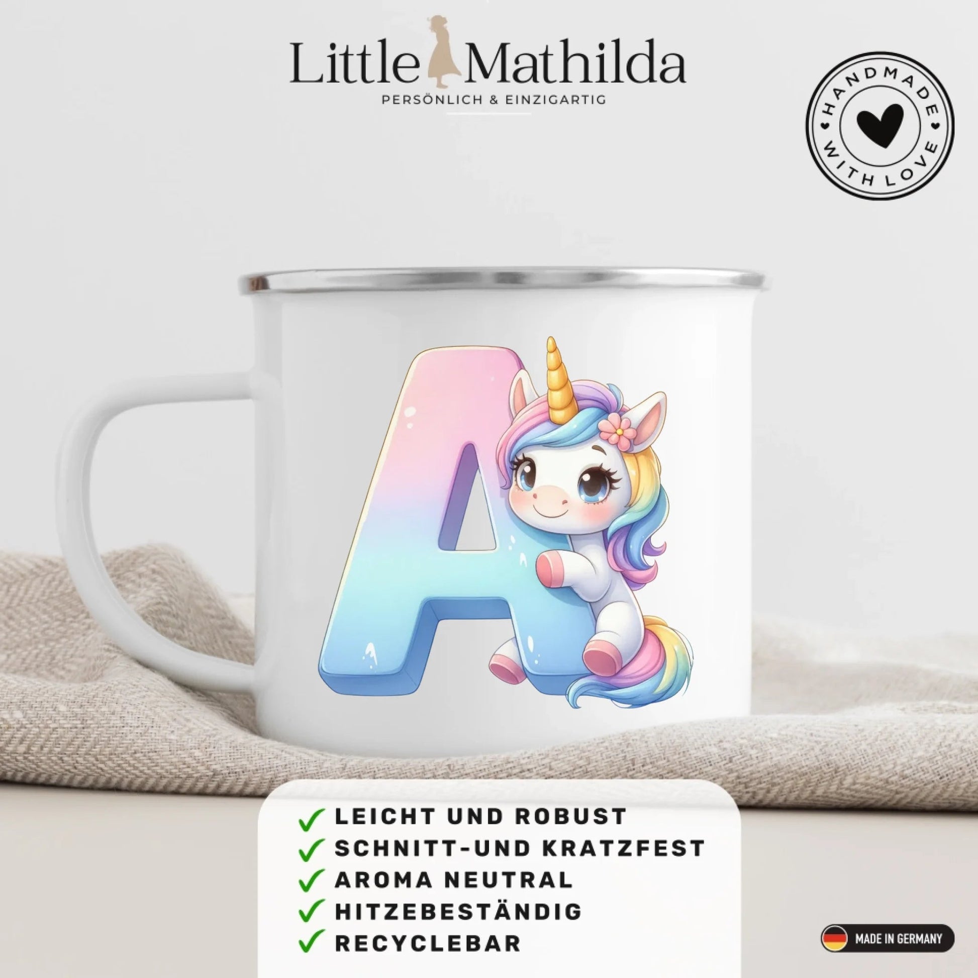 Personalisierte Einhorn Tasse mit Anfangsbuchstaben Little Mathilda Little Mathilda Emaille Tasse