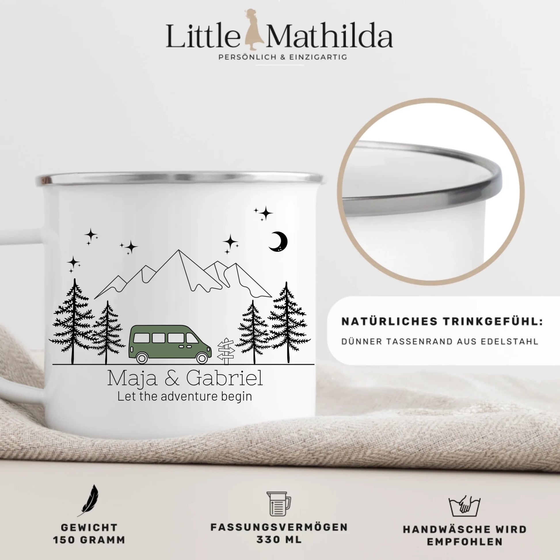Personalisierte Emaille Camping Tasse "Bunter Camper" Little Mathilda Little Mathilda Emaille Tasse
