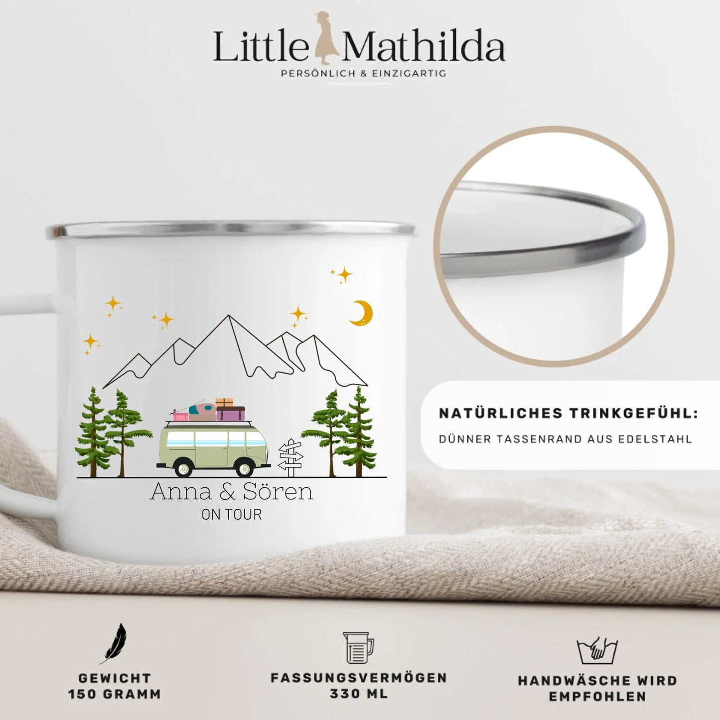 Personalisierte Emaille Camping Tasse "Bunter Reisecamper mit Gepäck" Little Mathilda Little Mathilda Emaille Tasse