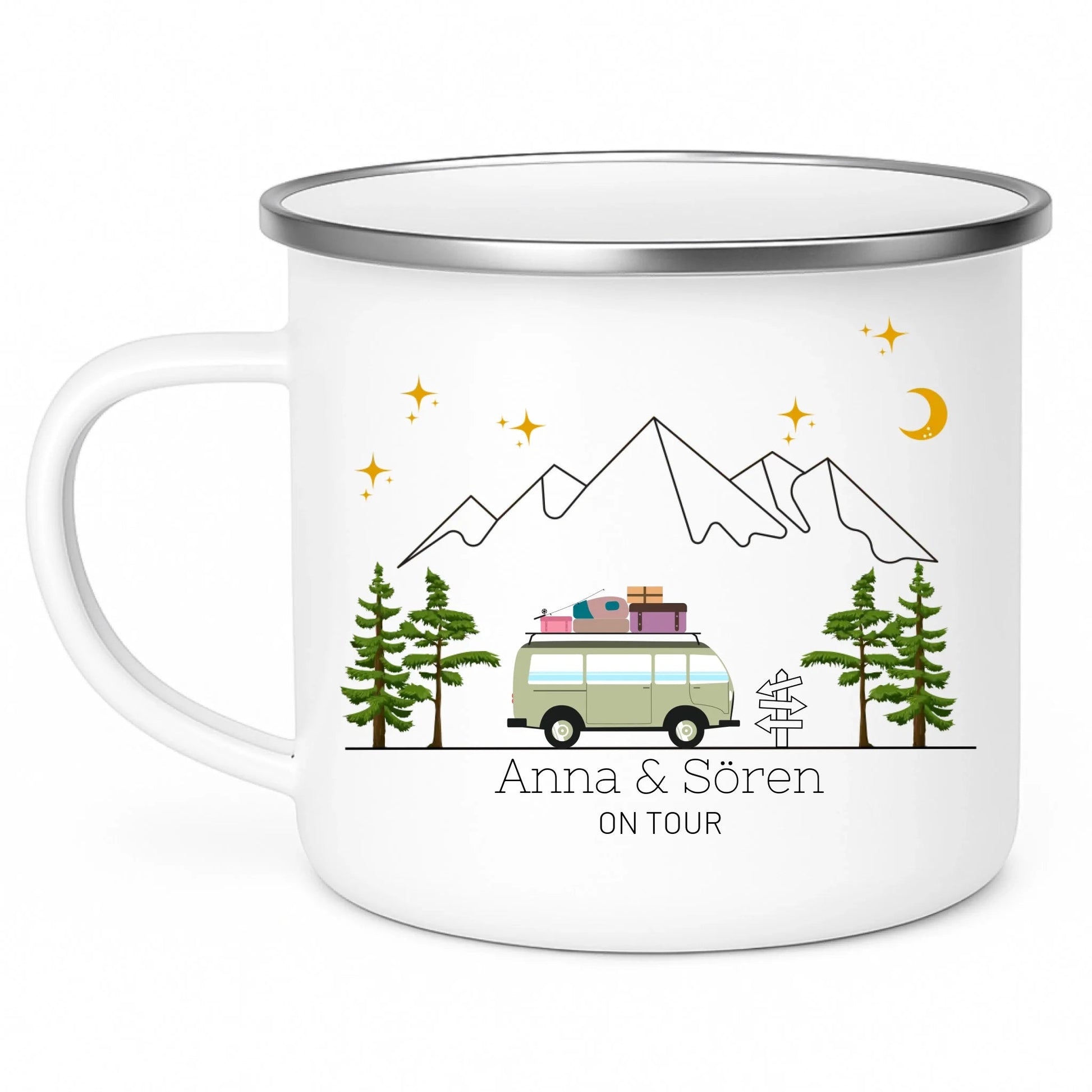 Personalisierte Emaille Camping Tasse "Bunter Reisecamper mit Gepäck" Little Mathilda Little Mathilda Emaille Tasse