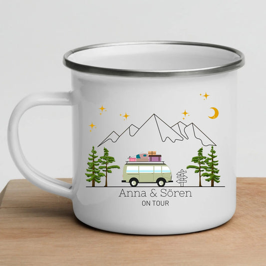 Personalisierte Emaille Camping Tasse "Bunter Reisecamper mit Gepäck" Little Mathilda Little Mathilda Emaille Tasse
