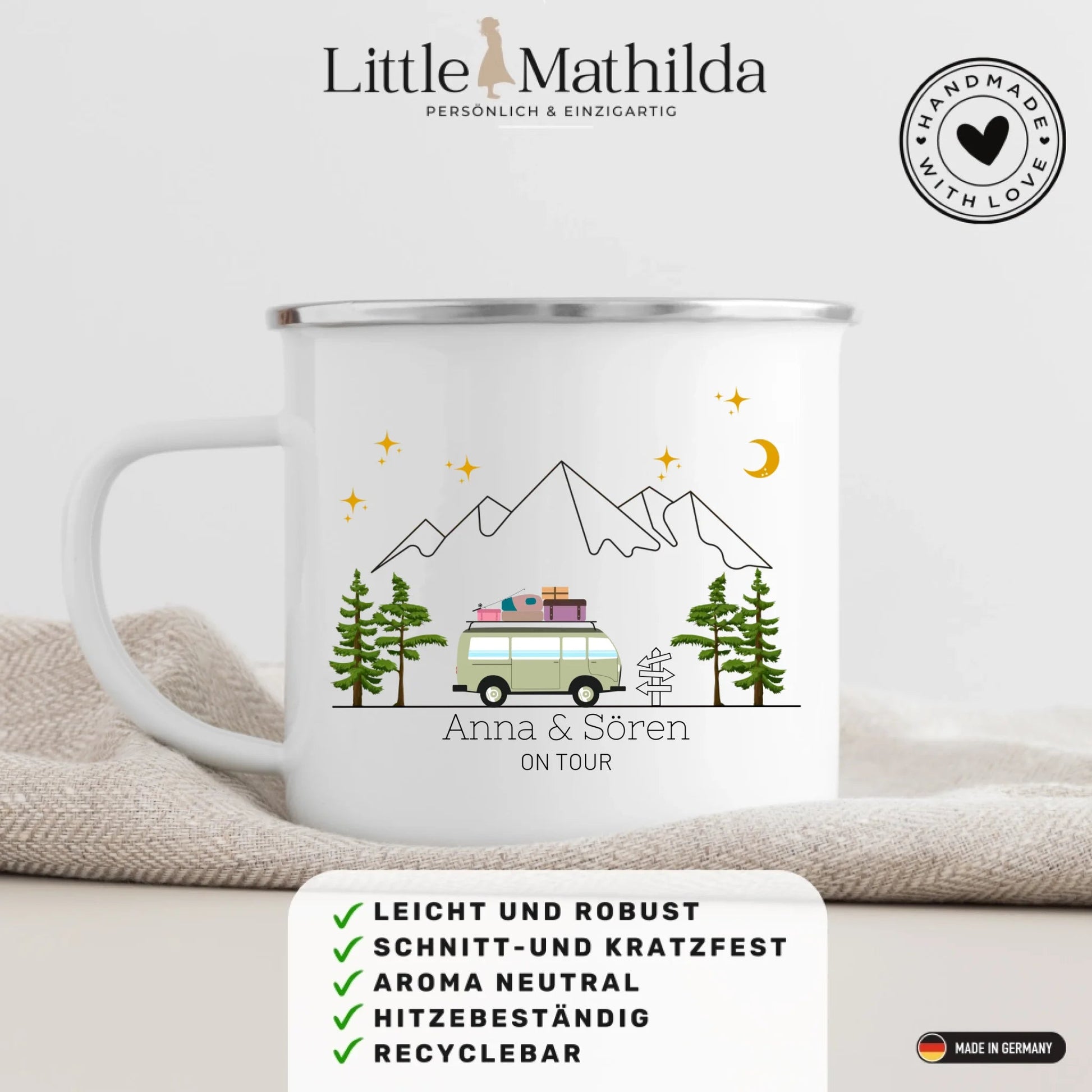 Personalisierte Emaille Camping Tasse "Bunter Reisecamper mit Gepäck" Little Mathilda Little Mathilda Emaille Tasse