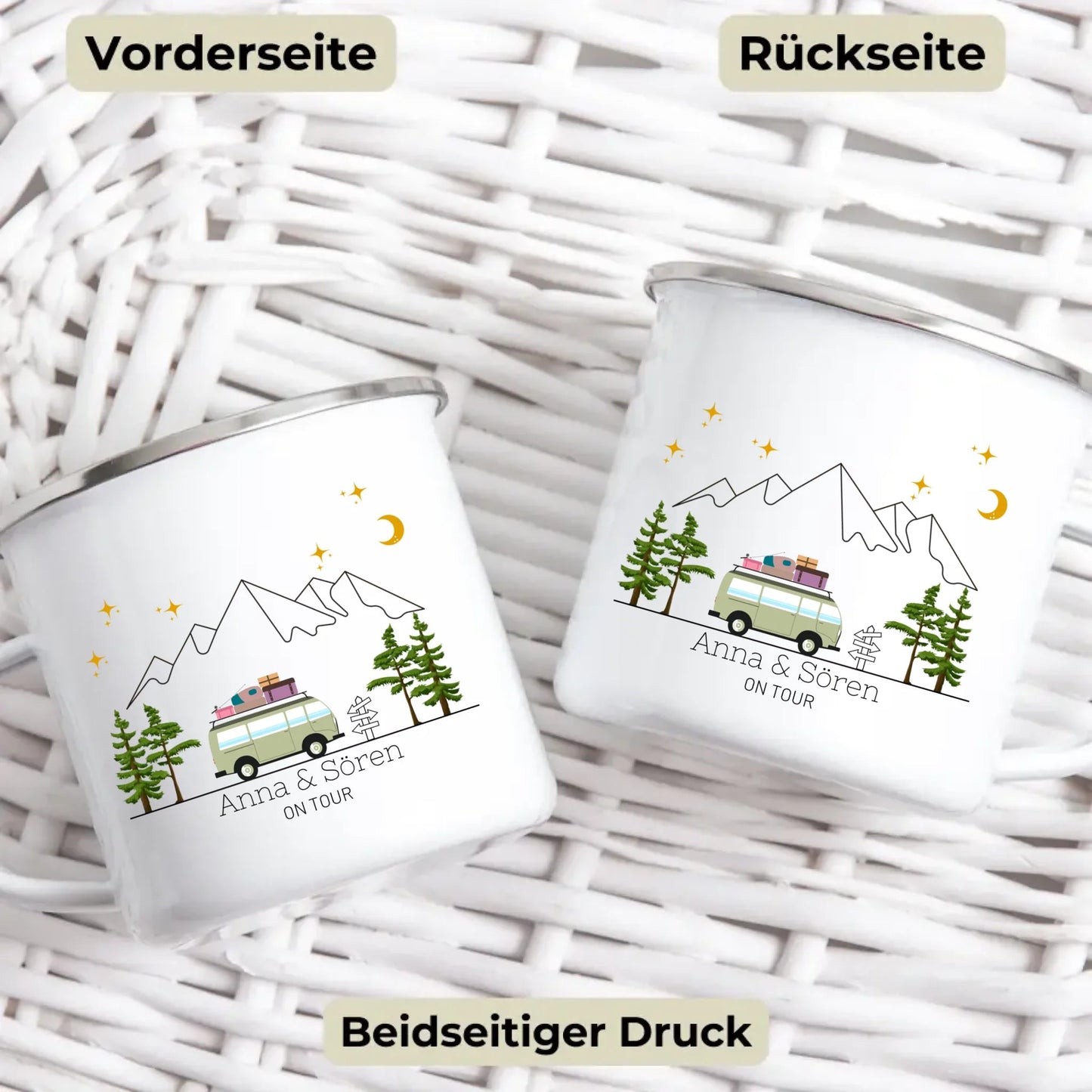 Personalisierte Emaille Camping Tasse "Bunter Reisecamper mit Gepäck" Little Mathilda Little Mathilda Emaille Tasse