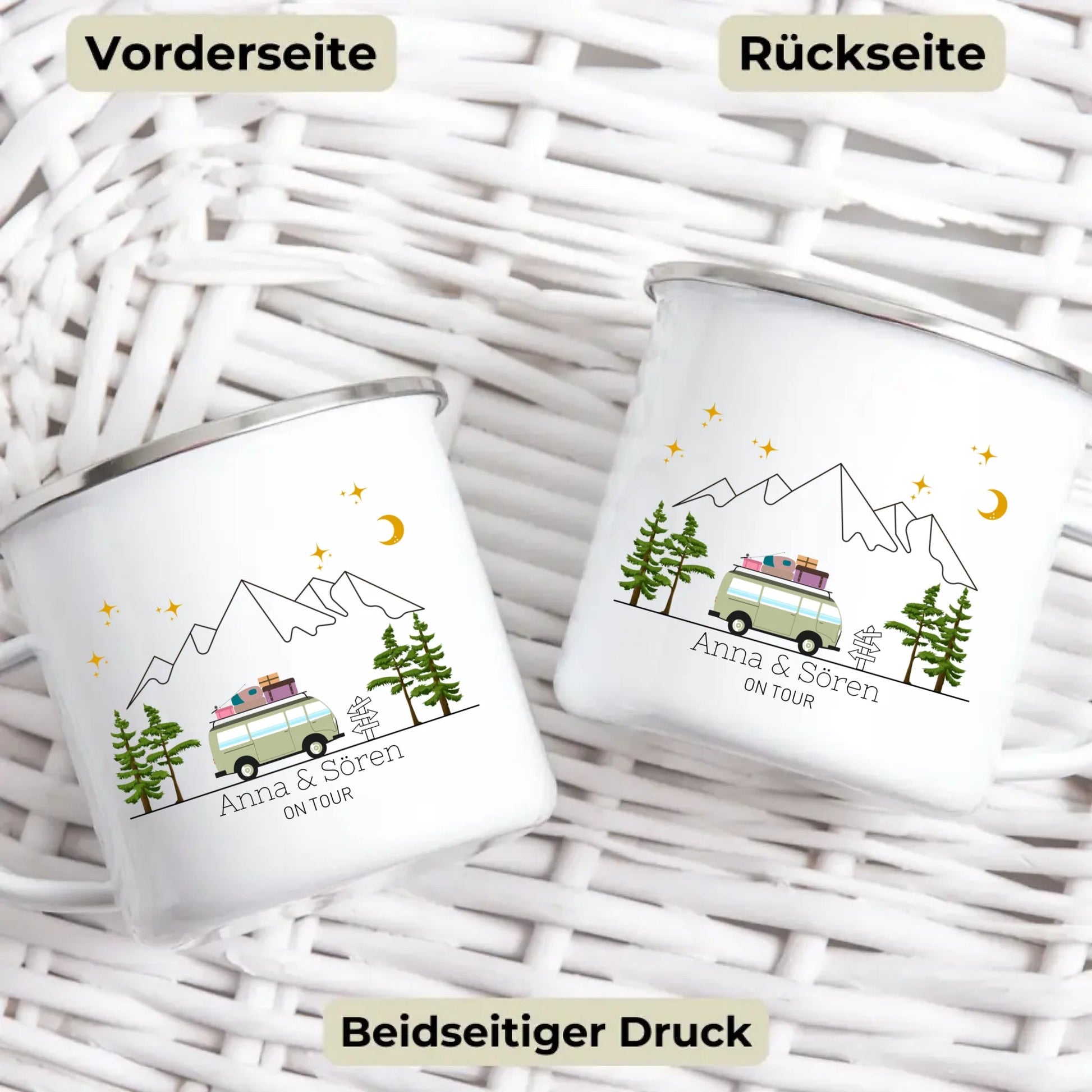 Personalisierte Emaille Camping Tasse "Bunter Reisecamper mit Gepäck" Little Mathilda Little Mathilda Emaille Tasse
