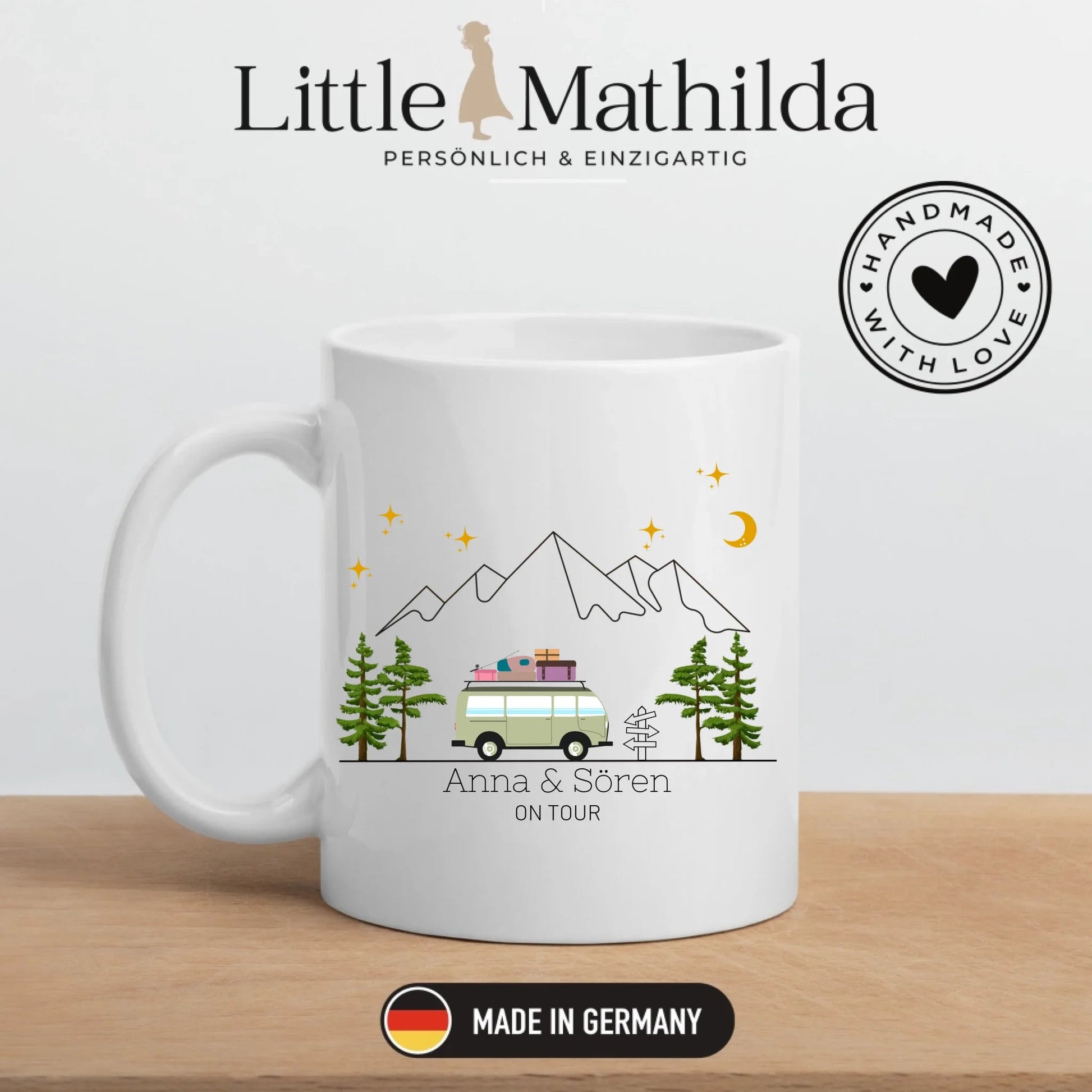 Personalisierte Emaille Camping Tasse "Bunter Reisecamper mit Gepäck" Little Mathilda Little Mathilda Emaille Tasse