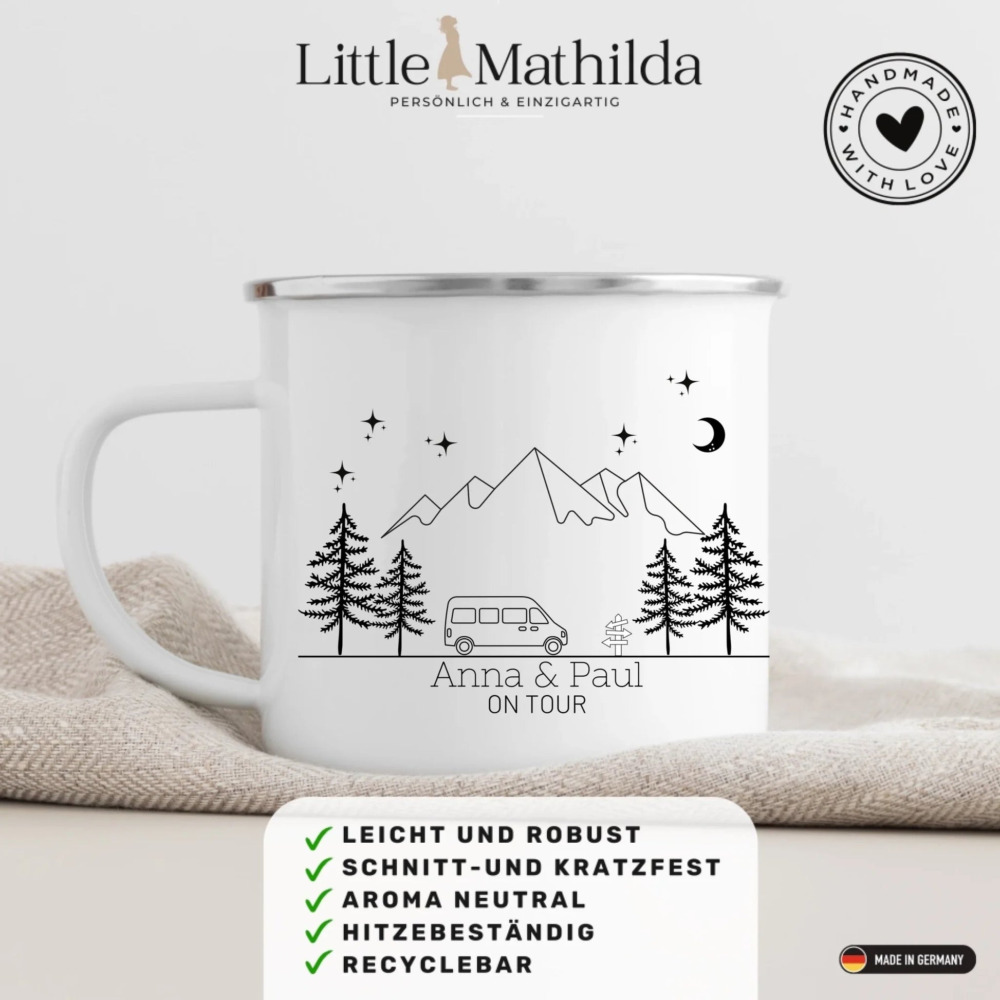 Personalisierte Emaille Camping Tasse Camper Van Little Mathilda Little Mathilda Emaille Tasse