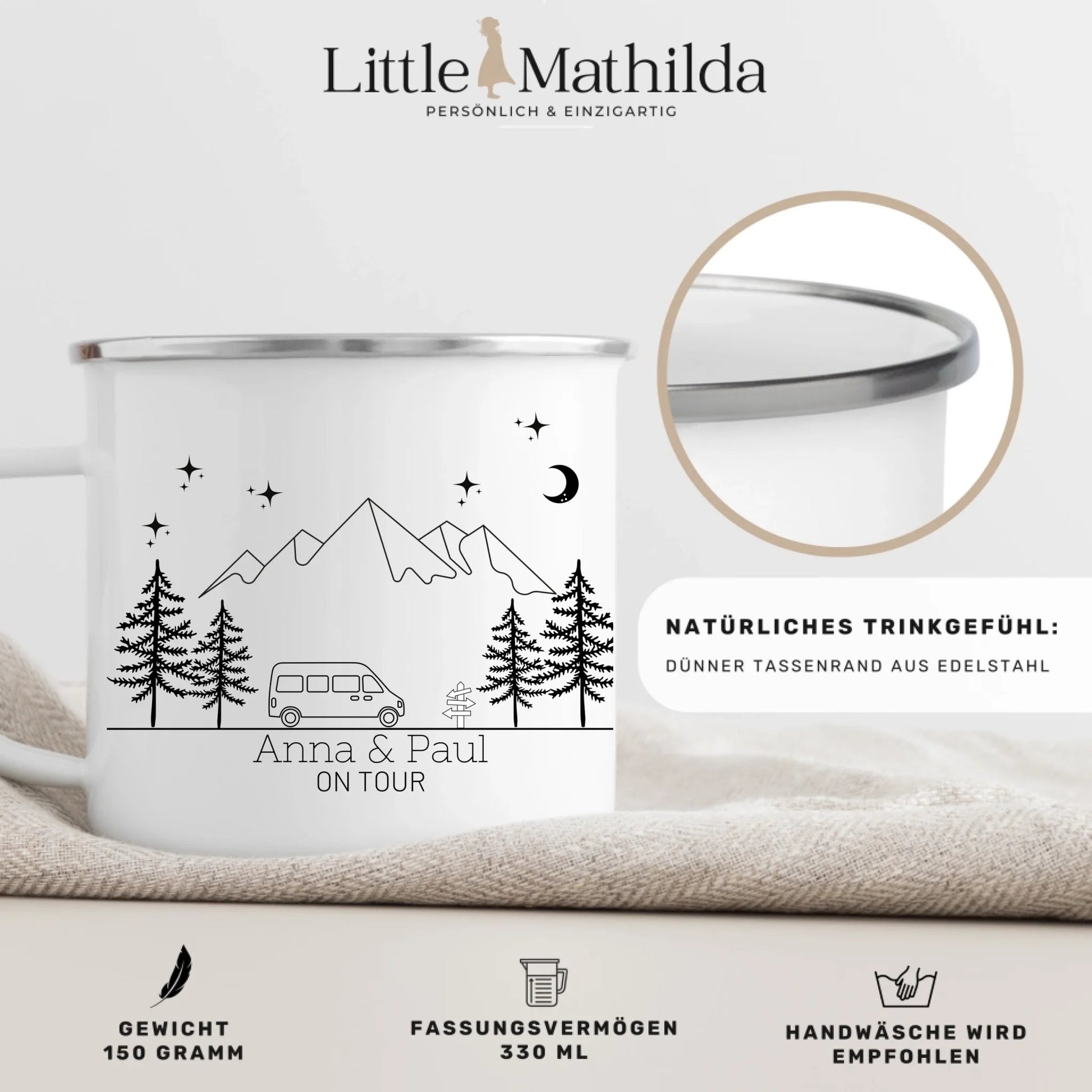 Personalisierte Emaille Camping Tasse Camper Van Little Mathilda Little Mathilda Emaille Tasse