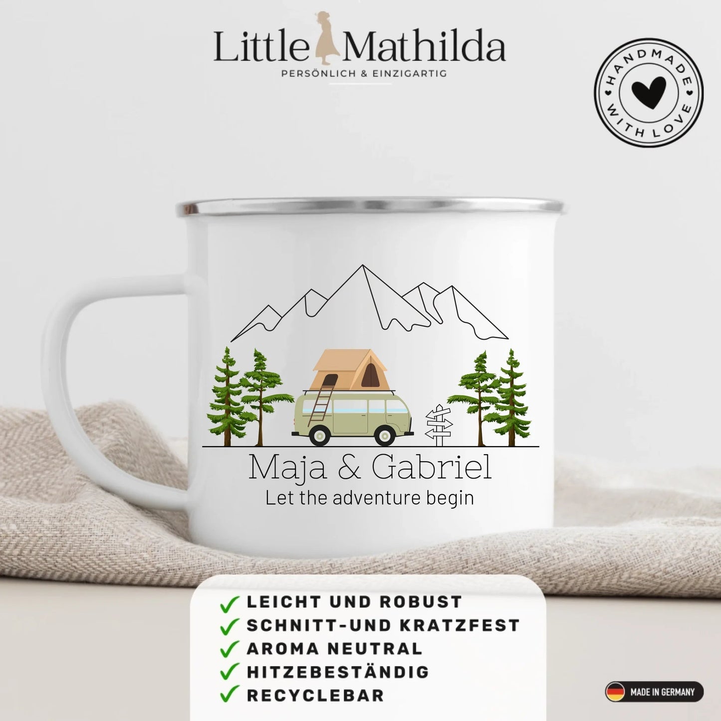 Personalisierte Emaille Camping Tasse Dachzelt Little Mathilda Little Mathilda Emaille Tasse