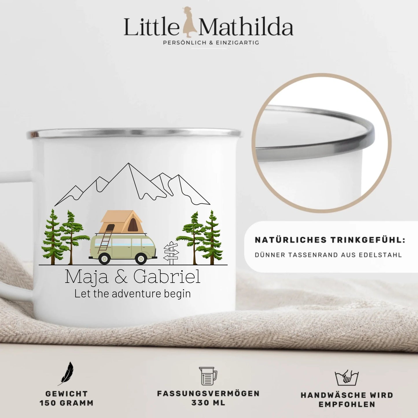 Personalisierte Emaille Camping Tasse Dachzelt Little Mathilda Little Mathilda Emaille Tasse