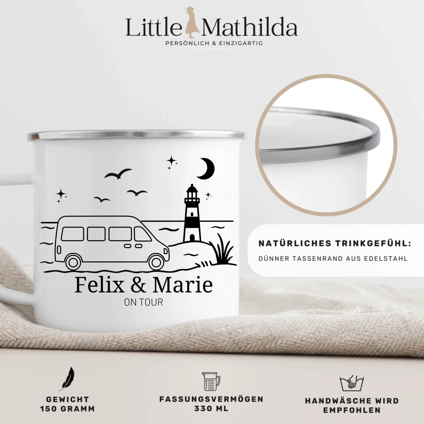 Personalisierte Emaille Camping Tasse Kastenwagen am Meer Little Mathilda Little Mathilda Emaille Tasse