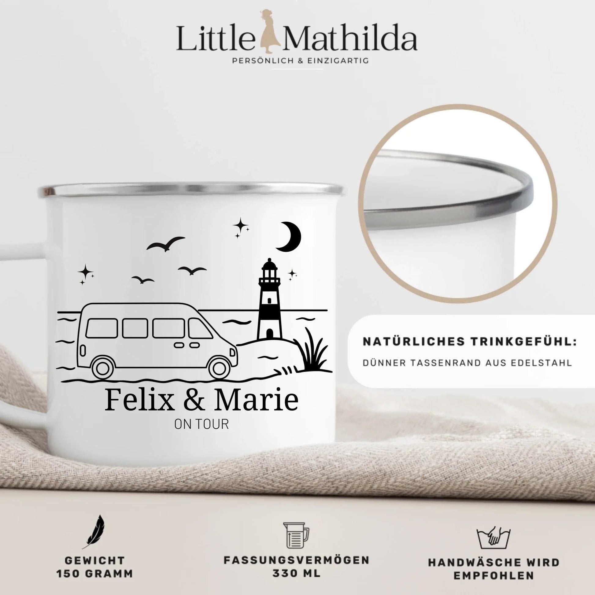 Personalisierte Emaille Camping Tasse Kastenwagen am Meer Little Mathilda Little Mathilda Emaille Tasse
