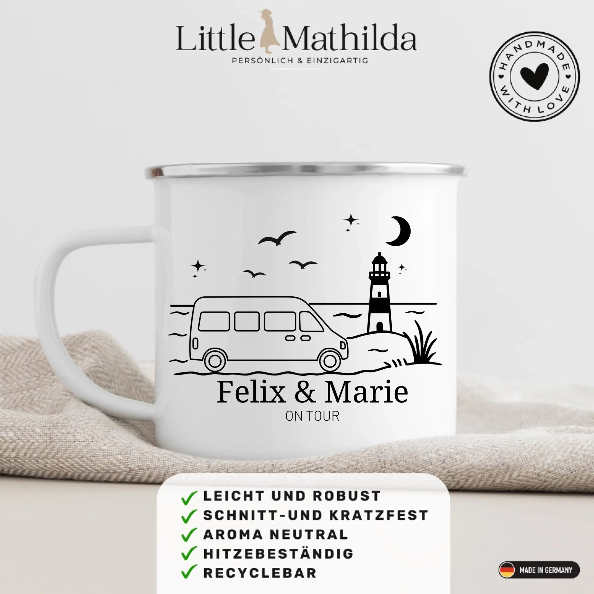 Personalisierte Emaille Camping Tasse Kastenwagen am Meer Little Mathilda Little Mathilda Emaille Tasse