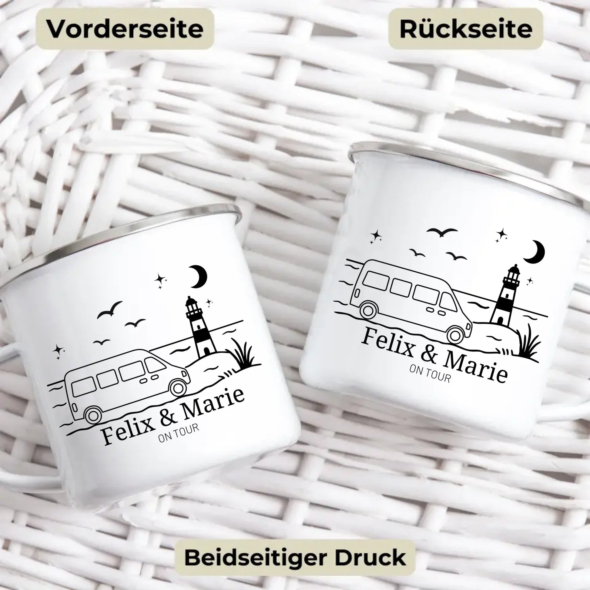 Personalisierte Emaille Camping Tasse Kastenwagen am Meer Little Mathilda Little Mathilda Emaille Tasse
