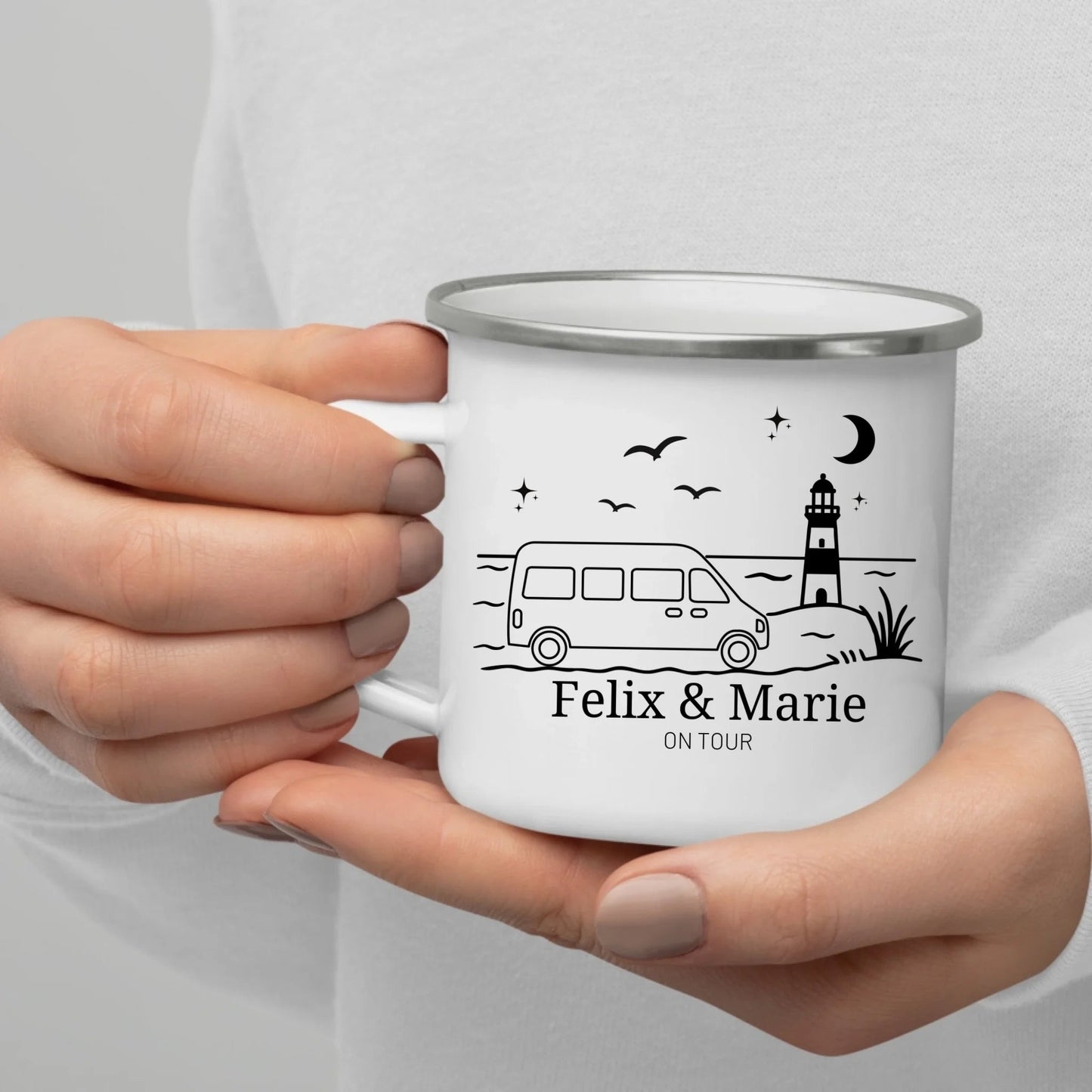 Personalisierte Emaille Camping Tasse Kastenwagen am Meer Little Mathilda Little Mathilda Emaille Tasse
