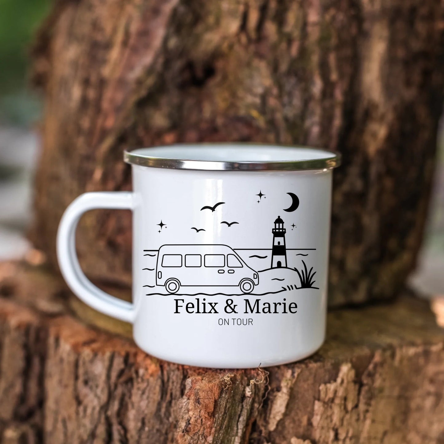 Personalisierte Emaille Camping Tasse Kastenwagen am Meer Little Mathilda Little Mathilda Emaille Tasse