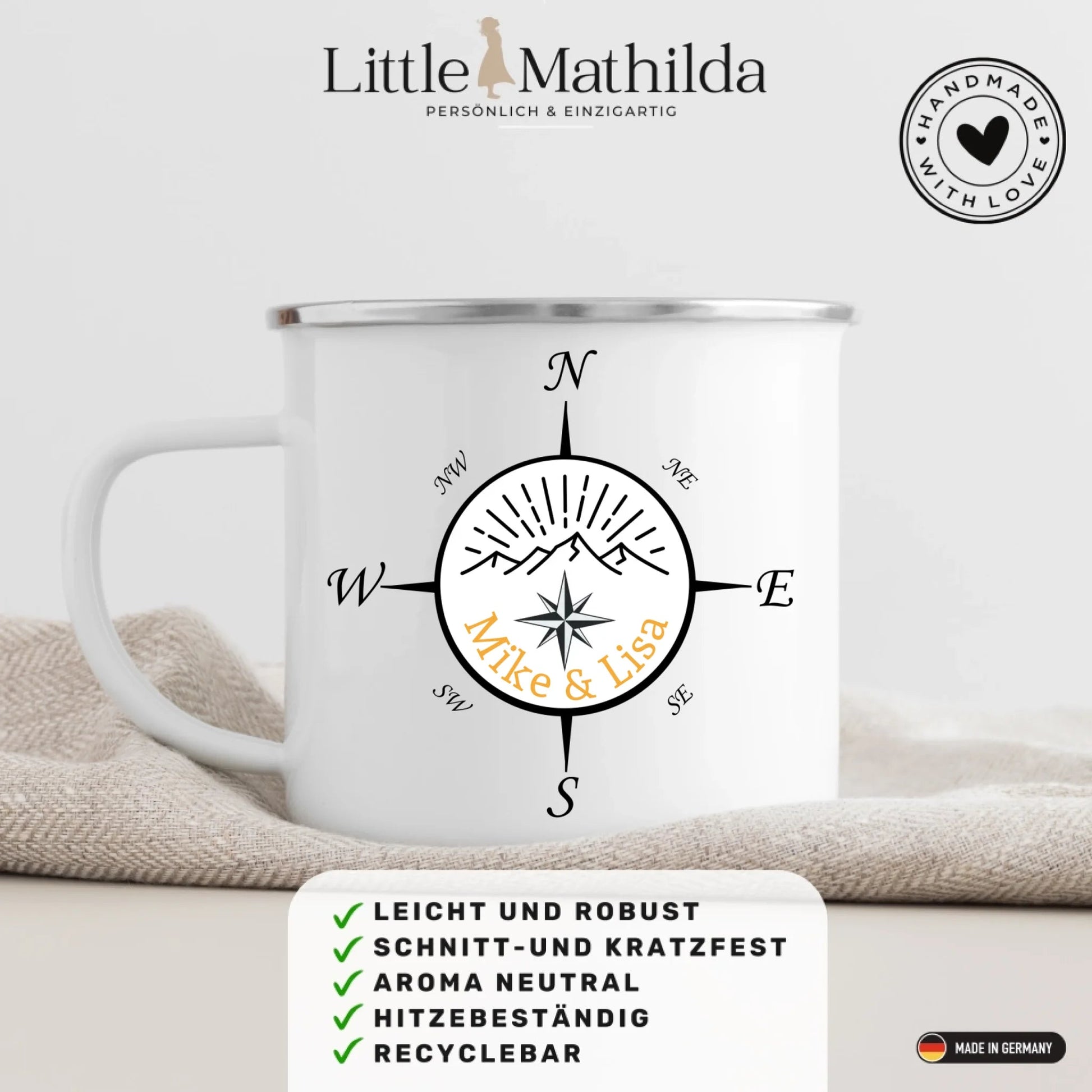 Personalisierte Emaille Camping Tasse "Kompass" Little Mathilda Little Mathilda Emaille Tasse