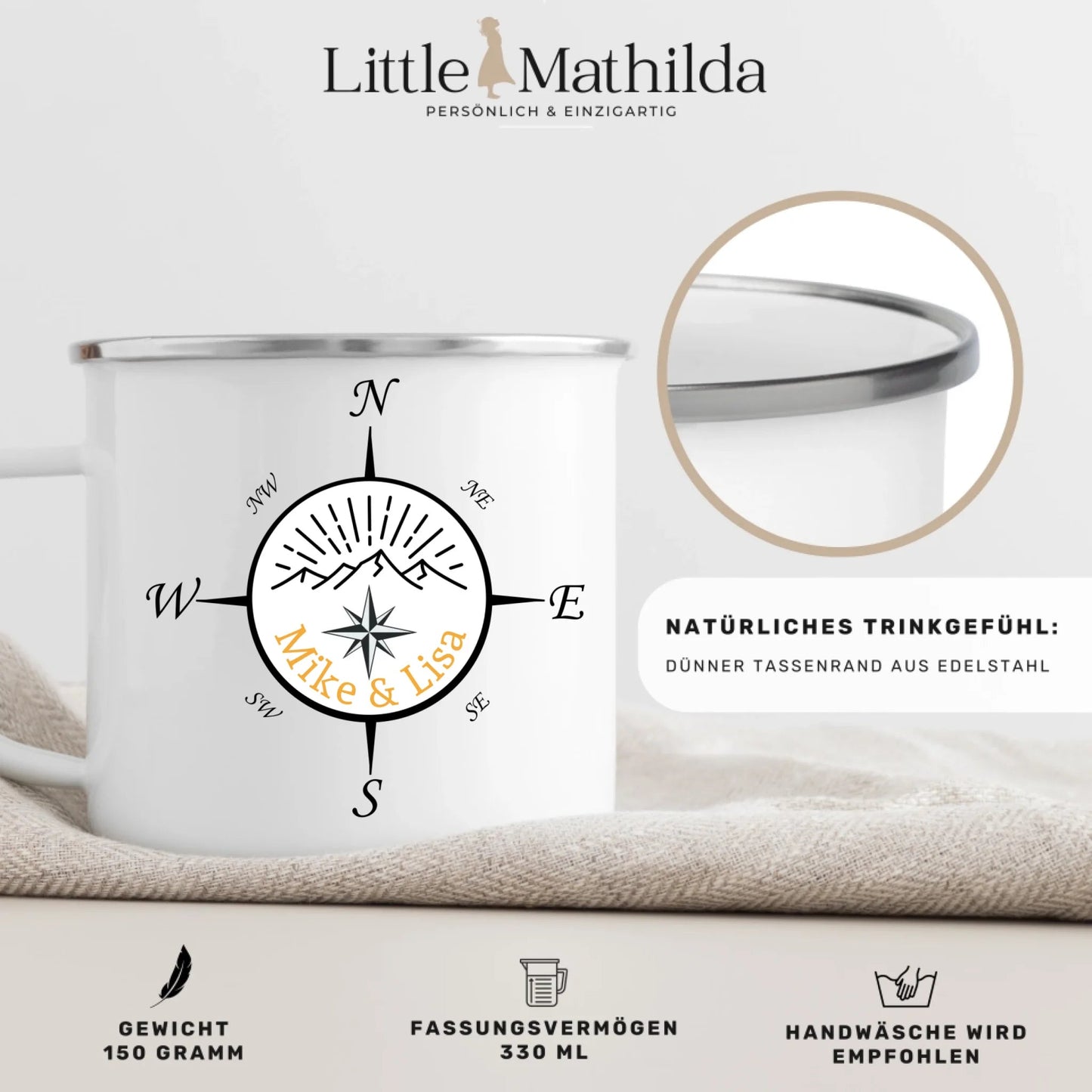 Personalisierte Emaille Camping Tasse "Kompass" Little Mathilda Little Mathilda Emaille Tasse