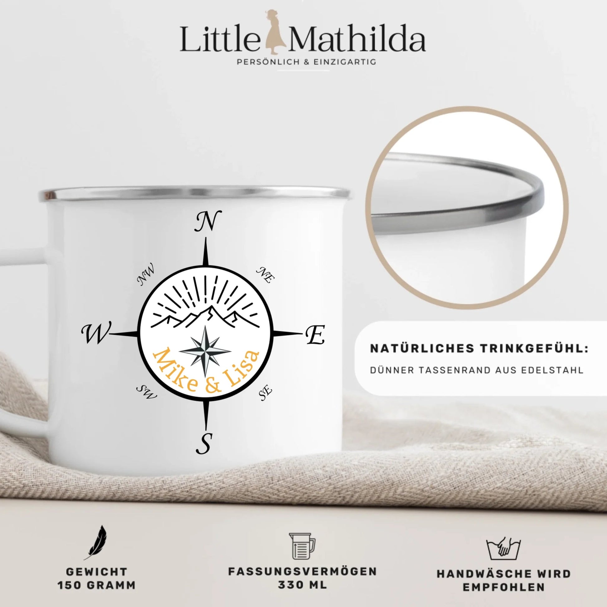 Personalisierte Emaille Camping Tasse "Kompass" Little Mathilda Little Mathilda Emaille Tasse