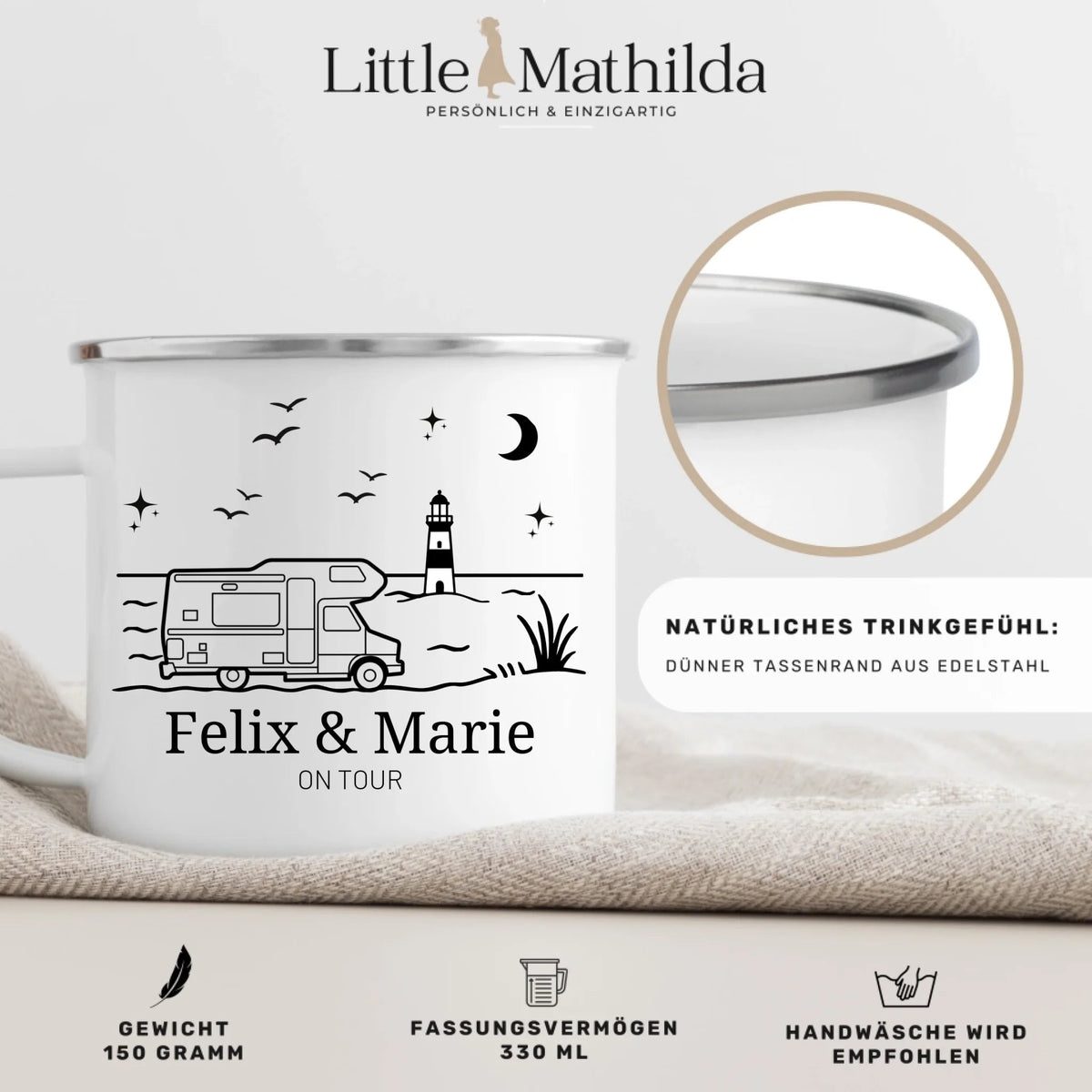 Personalisierte Emaille Camping Tasse mit Namen – Camper am Meer mit Leuchtturm | Geschenk für Camper Little Mathilda Little Mathilda Emaille Tasse