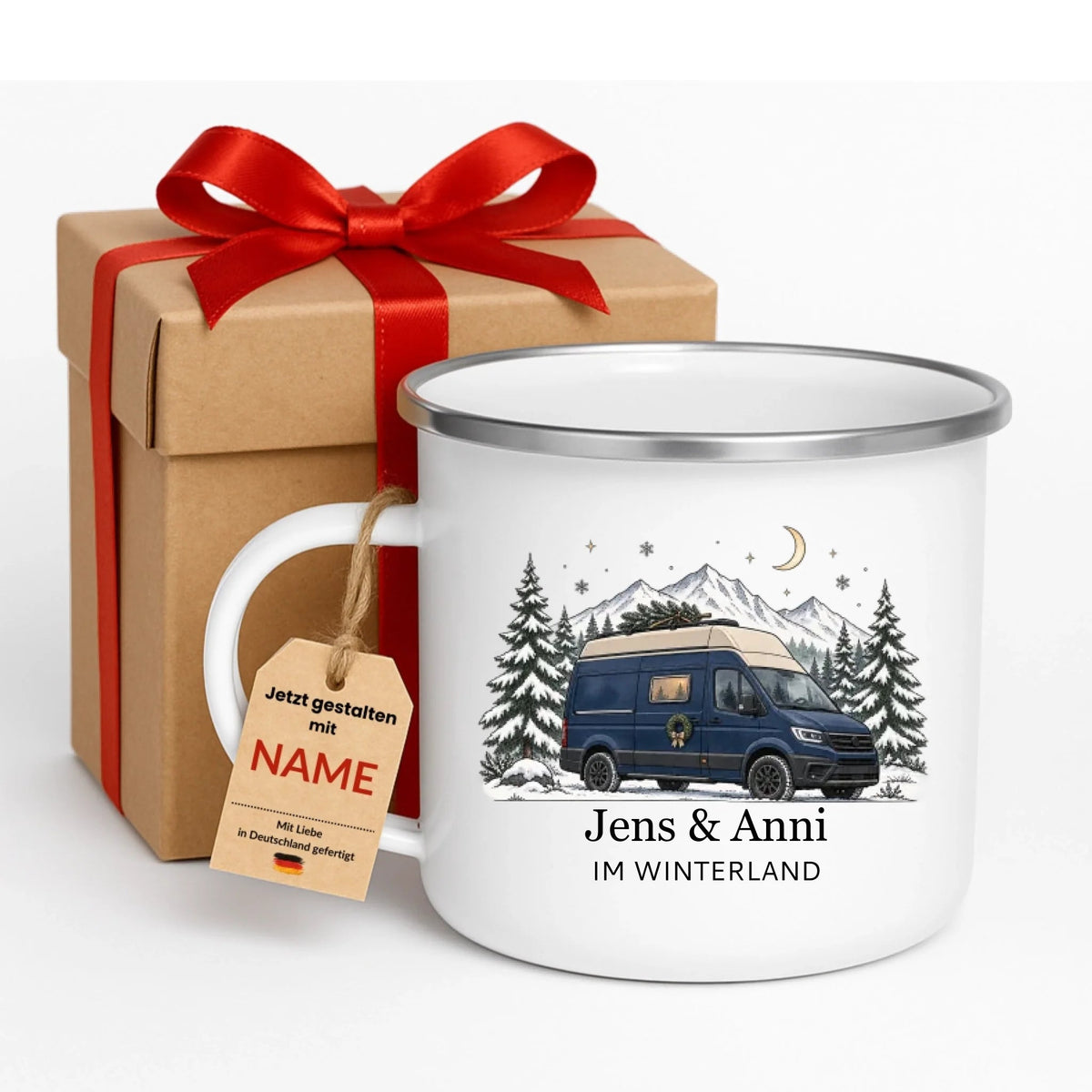 Personalisierte Emaille Camping Tasse mit Namen „Campervan im Winter“ Little Mathilda Little Mathilda Emaille Tasse