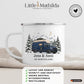 Personalisierte Emaille Camping Tasse mit Namen „Campervan im Winter“ Little Mathilda Little Mathilda Emaille Tasse