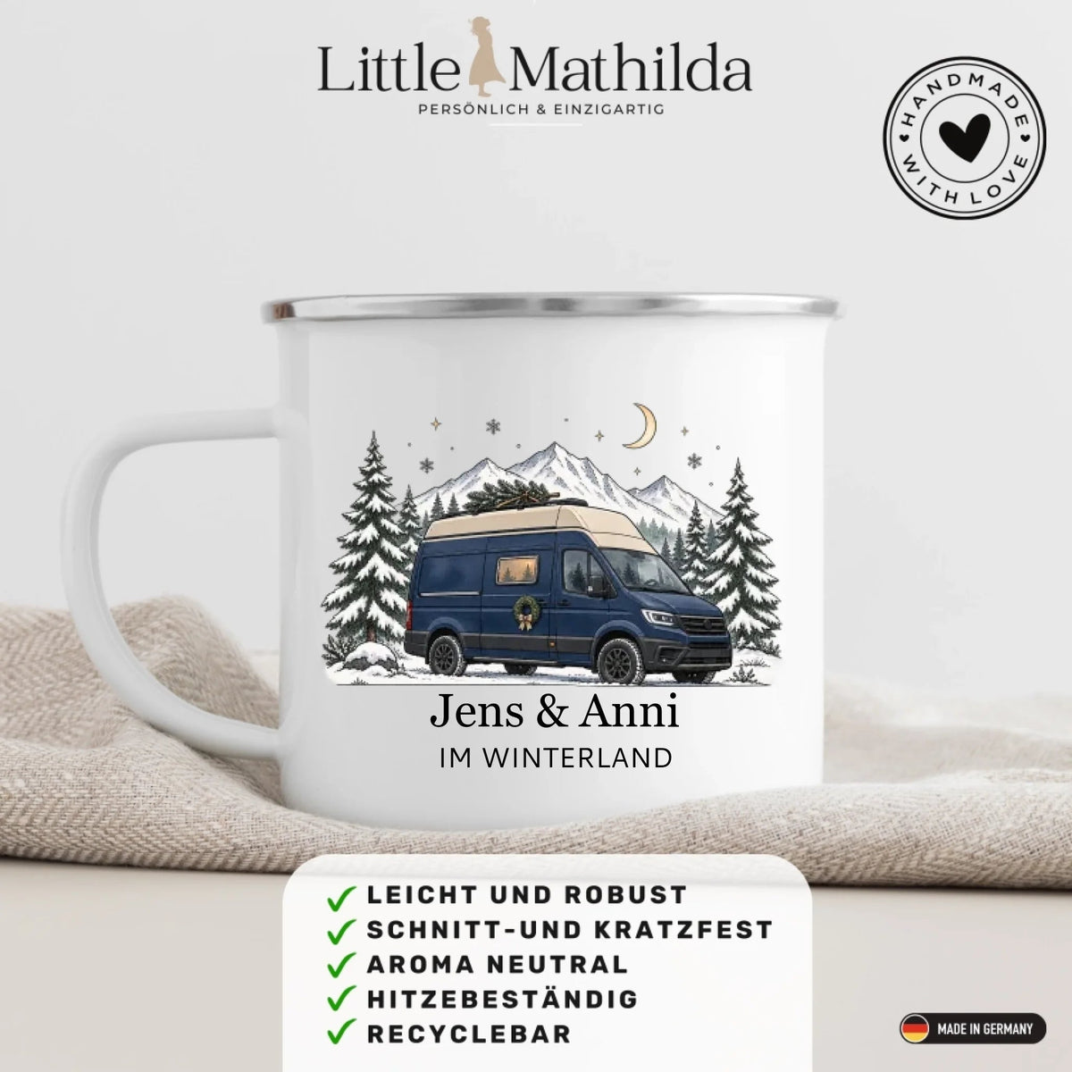 Personalisierte Emaille Camping Tasse mit Namen „Campervan im Winter“ Little Mathilda Little Mathilda Emaille Tasse