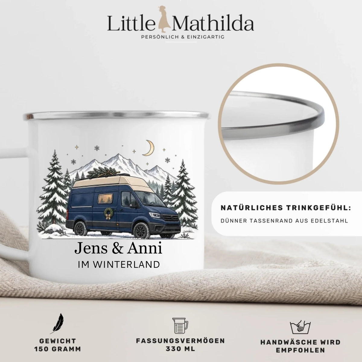 Personalisierte Emaille Camping Tasse mit Namen „Campervan im Winter“ Little Mathilda Little Mathilda Emaille Tasse