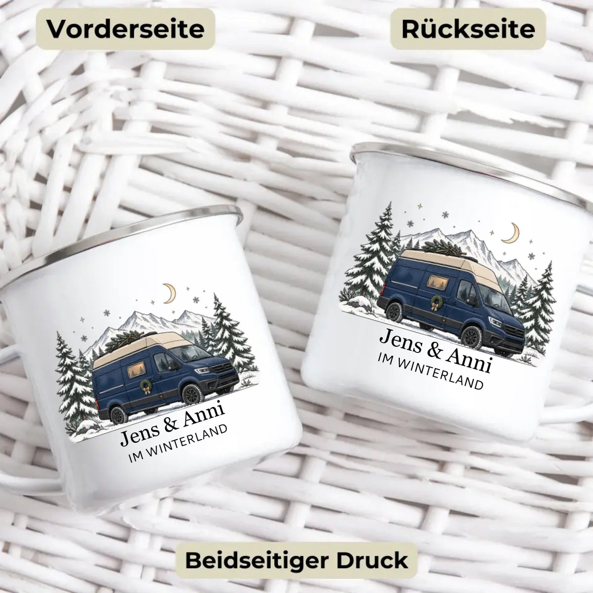 Personalisierte Emaille Camping Tasse mit Namen „Campervan im Winter“ Little Mathilda Little Mathilda Emaille Tasse