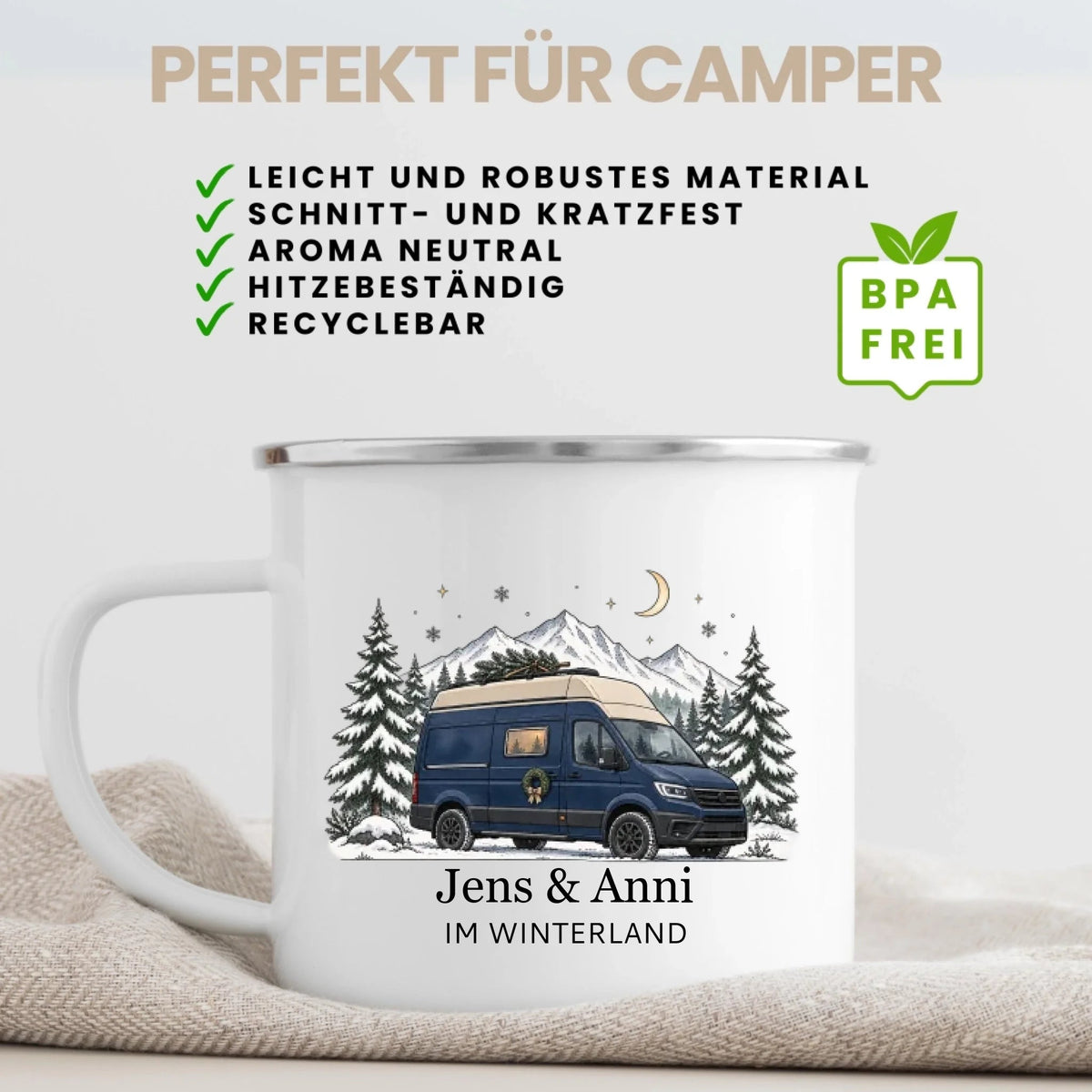 Personalisierte Emaille Camping Tasse mit Namen „Campervan im Winter“ Little Mathilda Little Mathilda Emaille Tasse
