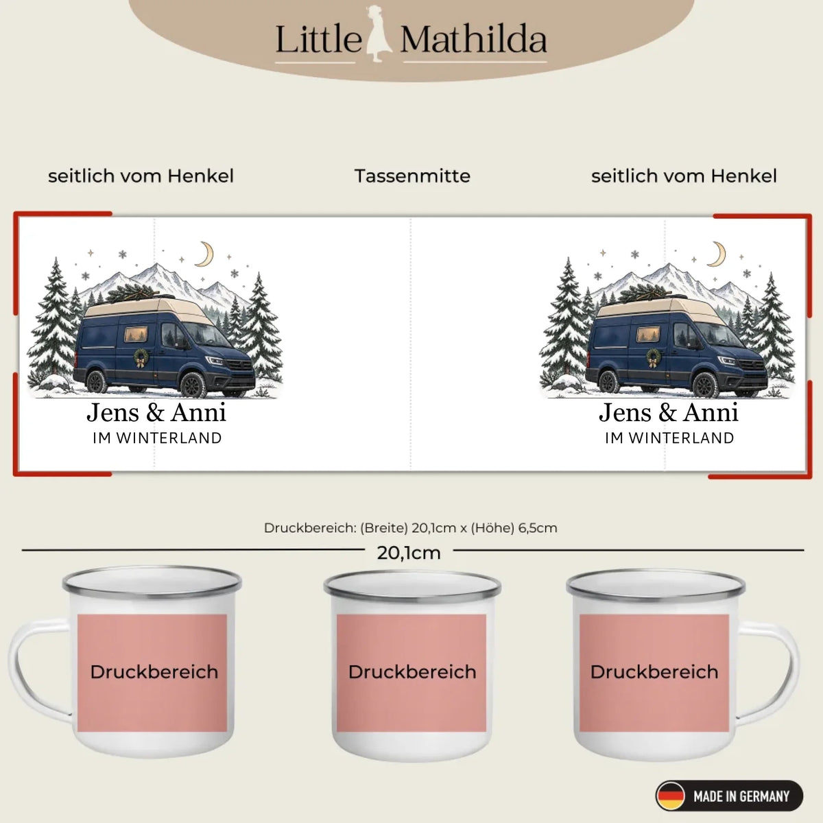Personalisierte Emaille Camping Tasse mit Namen „Campervan im Winter“ Little Mathilda Little Mathilda Emaille Tasse
