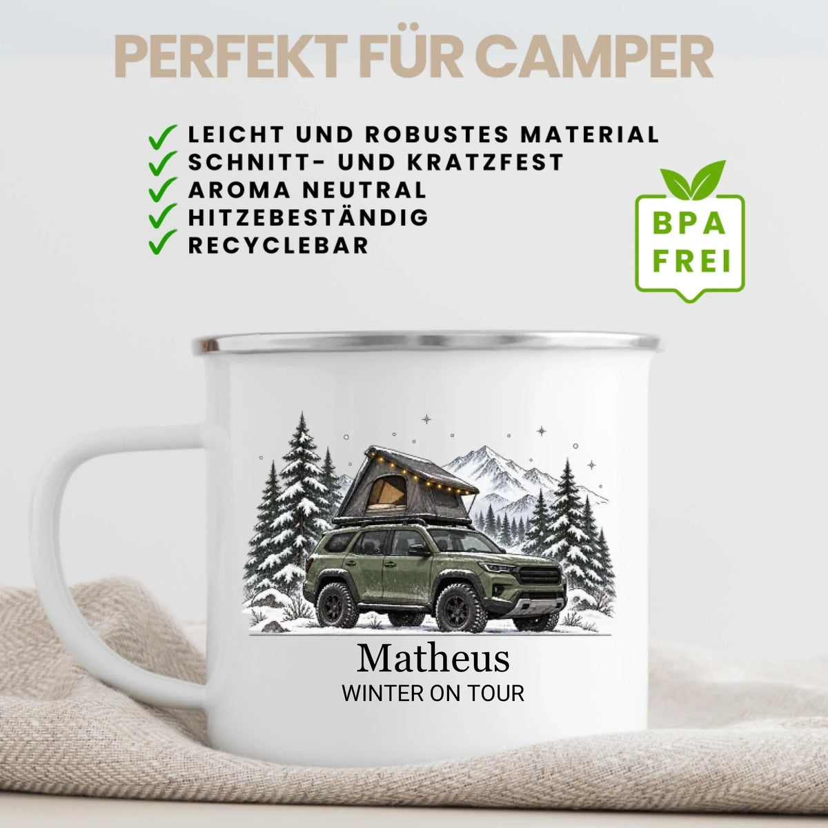 Personalisierte Emaille Camping Tasse mit Namen „Offroad Camper im Winter“ Little Mathilda Little Mathilda Emaille Tasse