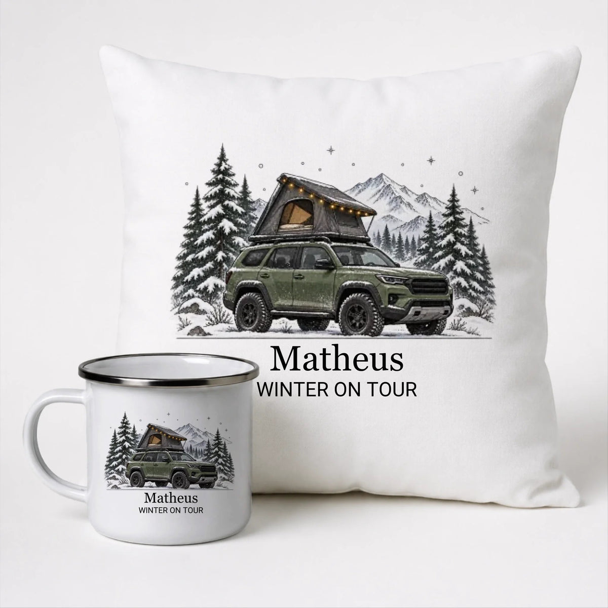 Personalisierte Emaille Camping Tasse mit Namen „Offroad Camper im Winter“ Little Mathilda Little Mathilda Emaille Tasse