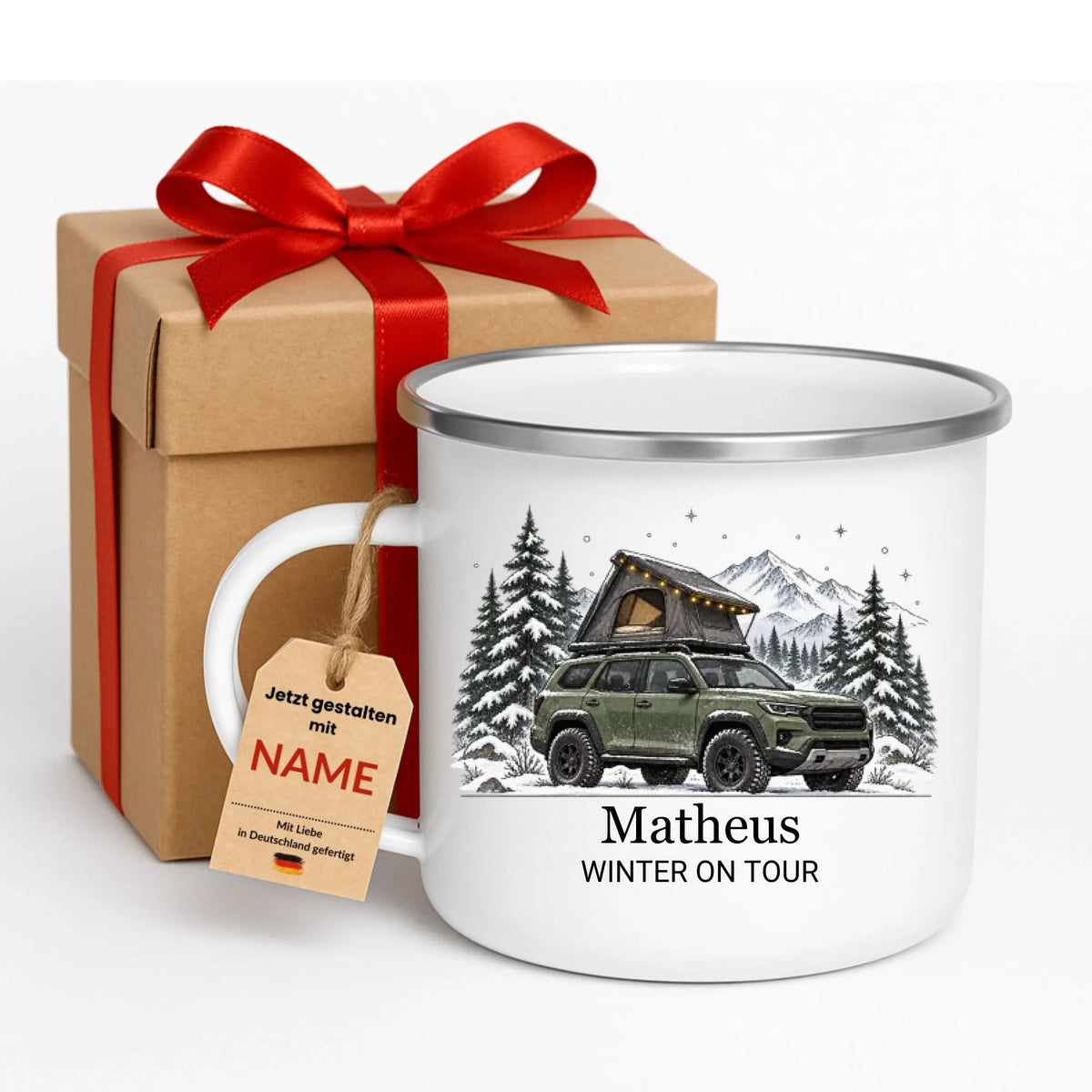 Personalisierte Emaille Camping Tasse mit Namen „Offroad Camper im Winter“ Little Mathilda Little Mathilda Emaille Tasse