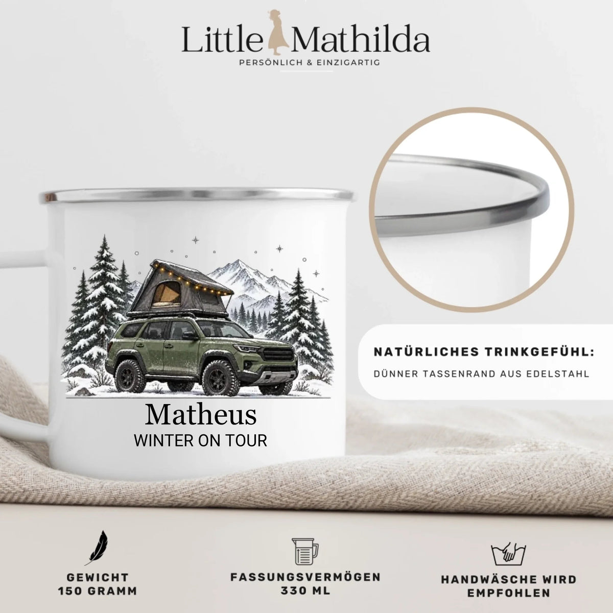 Personalisierte Emaille Camping Tasse mit Namen „Offroad Camper im Winter“ Little Mathilda Little Mathilda Emaille Tasse