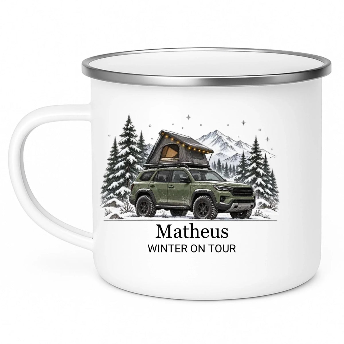Personalisierte Emaille Camping Tasse mit Namen „Offroad Camper im Winter“ Little Mathilda Little Mathilda Emaille Tasse