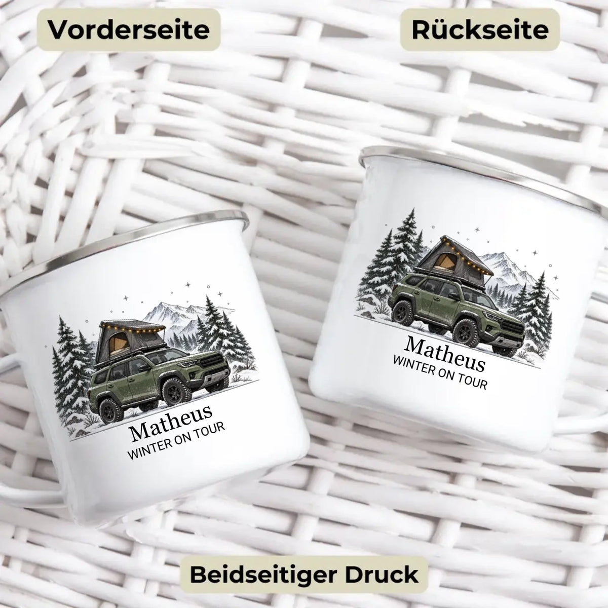 Personalisierte Emaille Camping Tasse mit Namen „Offroad Camper im Winter“ Little Mathilda Little Mathilda Emaille Tasse