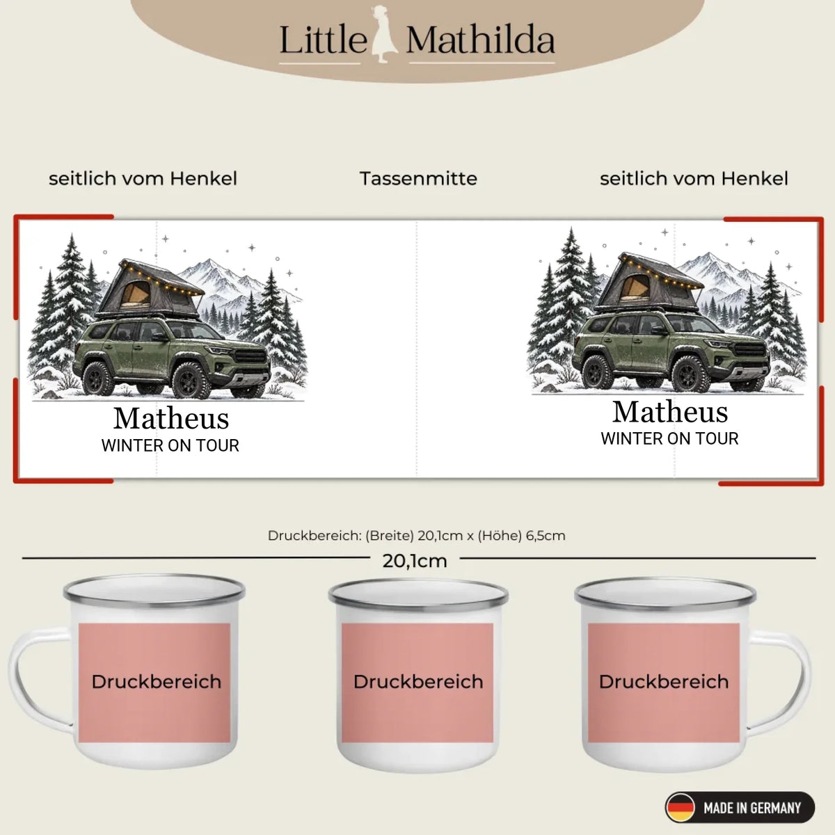 Personalisierte Emaille Camping Tasse mit Namen „Offroad Camper im Winter“ Little Mathilda Little Mathilda Emaille Tasse