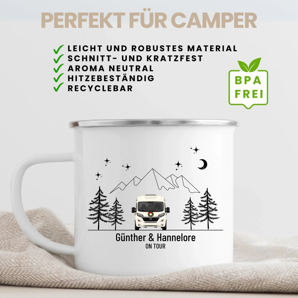 Personalisierte Emaille Camping Tasse mit Namen „Wohnmobil und Wohnwagen im Winter“ Little Mathilda Little Mathilda Emaille Tasse
