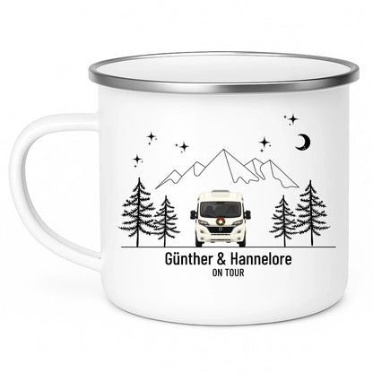 Personalisierte Emaille Camping Tasse mit Namen „Wohnmobil und Wohnwagen im Winter“ Little Mathilda Little Mathilda Emaille Tasse