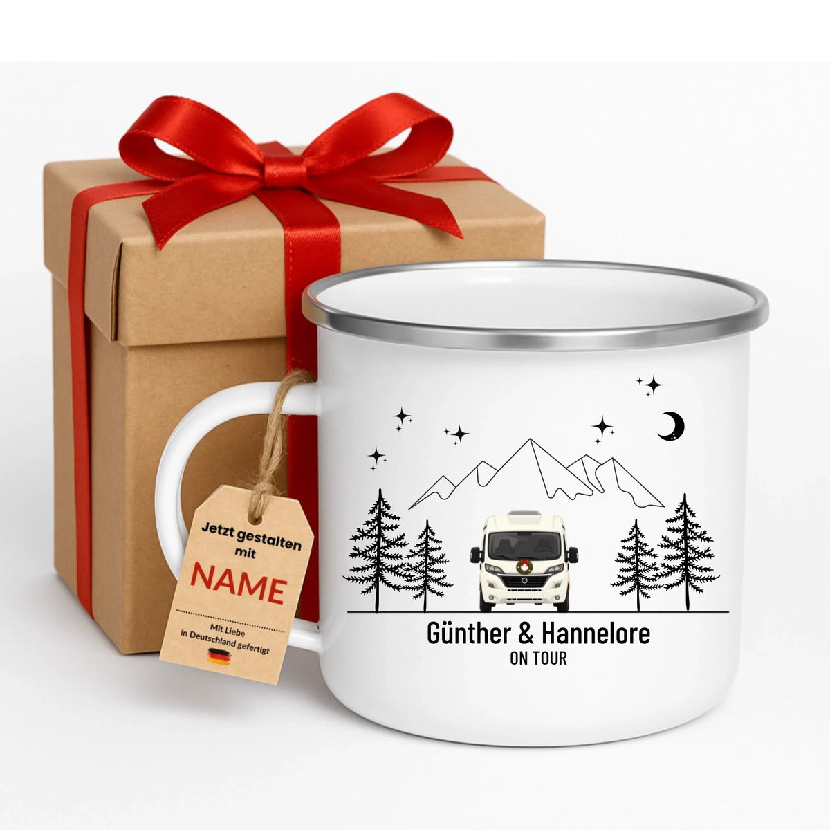 Personalisierte Emaille Camping Tasse mit Namen „Wohnmobil und Wohnwagen im Winter“ Little Mathilda Little Mathilda Emaille Tasse