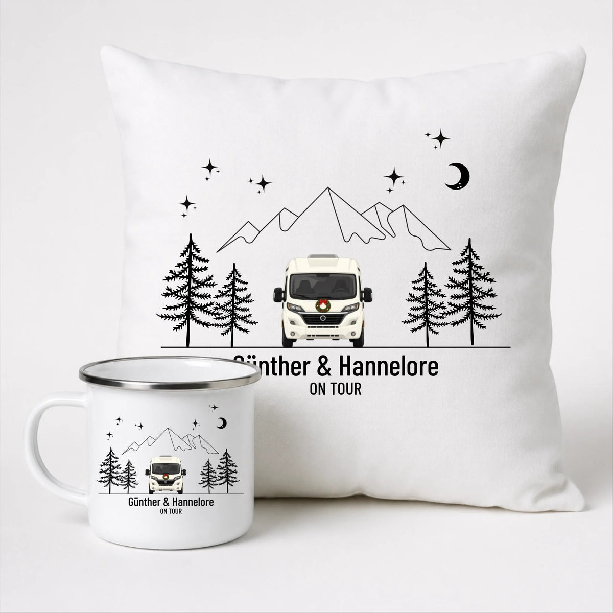 Personalisierte Emaille Camping Tasse mit Namen „Wohnmobil und Wohnwagen im Winter“ Little Mathilda Little Mathilda Emaille Tasse