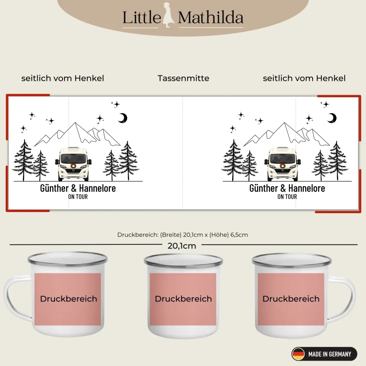 Personalisierte Emaille Camping Tasse mit Namen „Wohnmobil und Wohnwagen im Winter“ Little Mathilda Little Mathilda Emaille Tasse