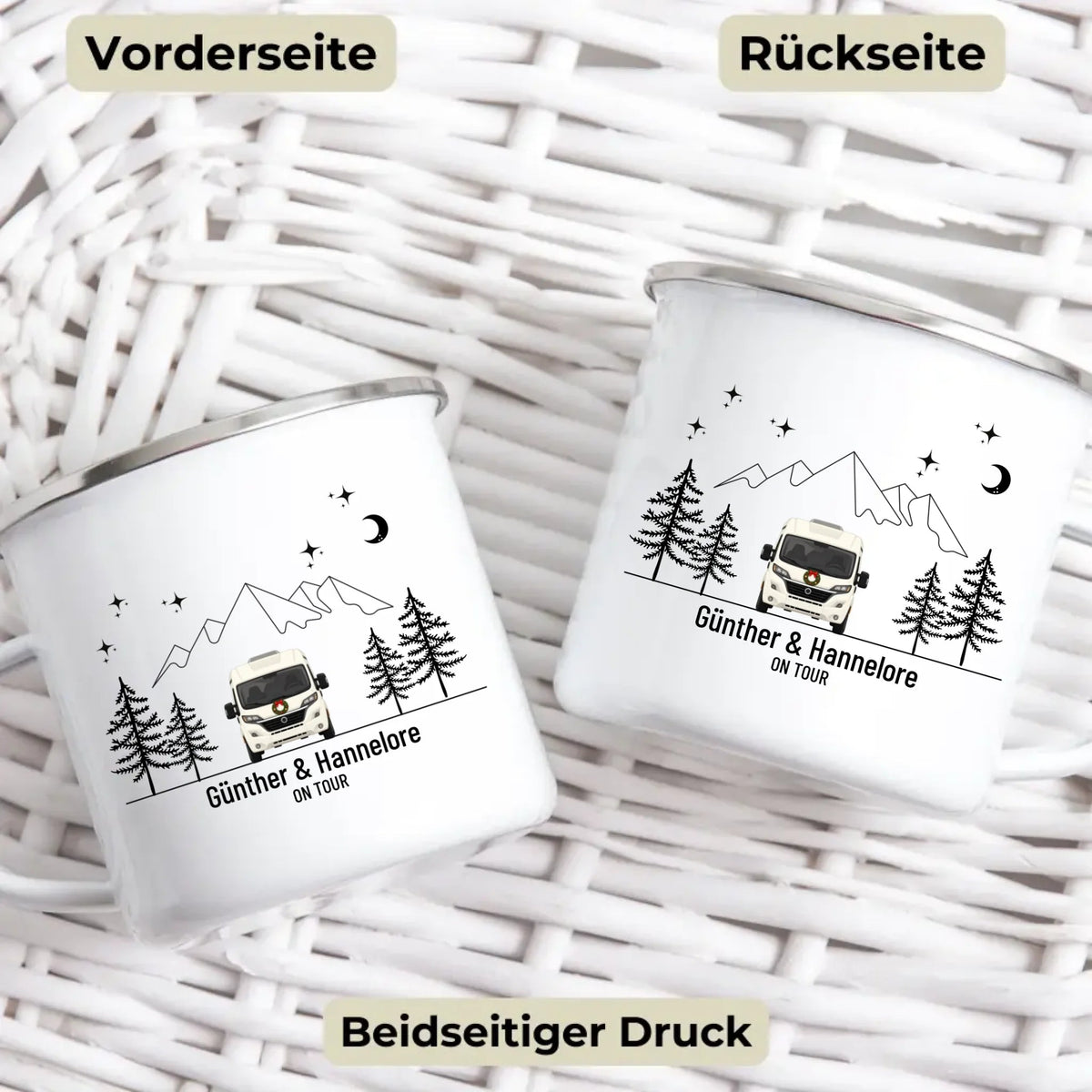 Personalisierte Emaille Camping Tasse mit Namen „Wohnmobil und Wohnwagen im Winter“ Little Mathilda Little Mathilda Emaille Tasse